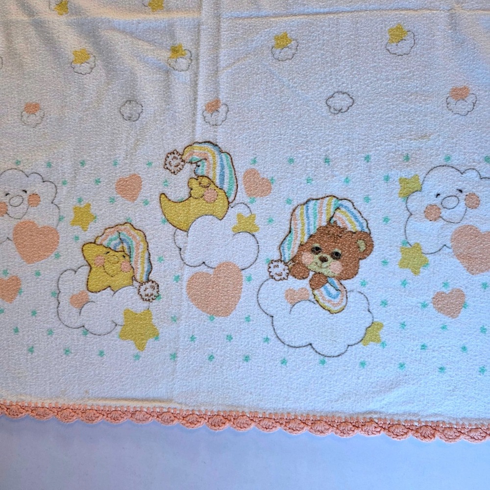 Baby Blanket Sleepy Bear Star Moon Cloud Crochet Trim Pnk Yllw Blue Acrylic READ